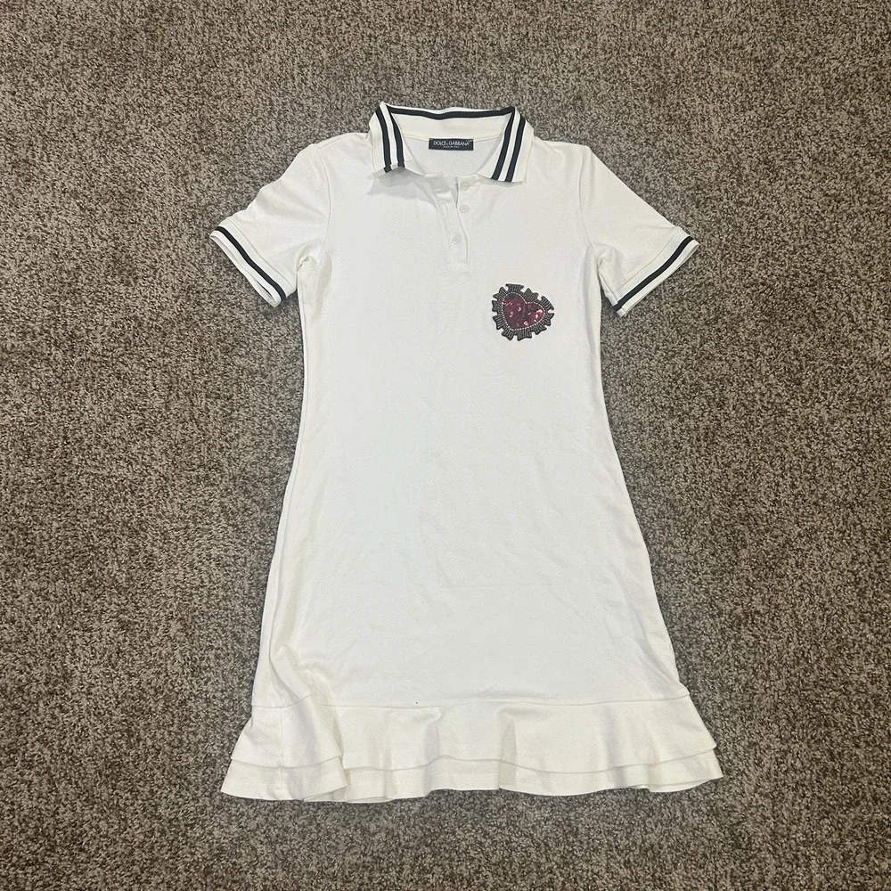 Dolce And Gabbana Teen Girls White Heart Polo Dress Made In Italy